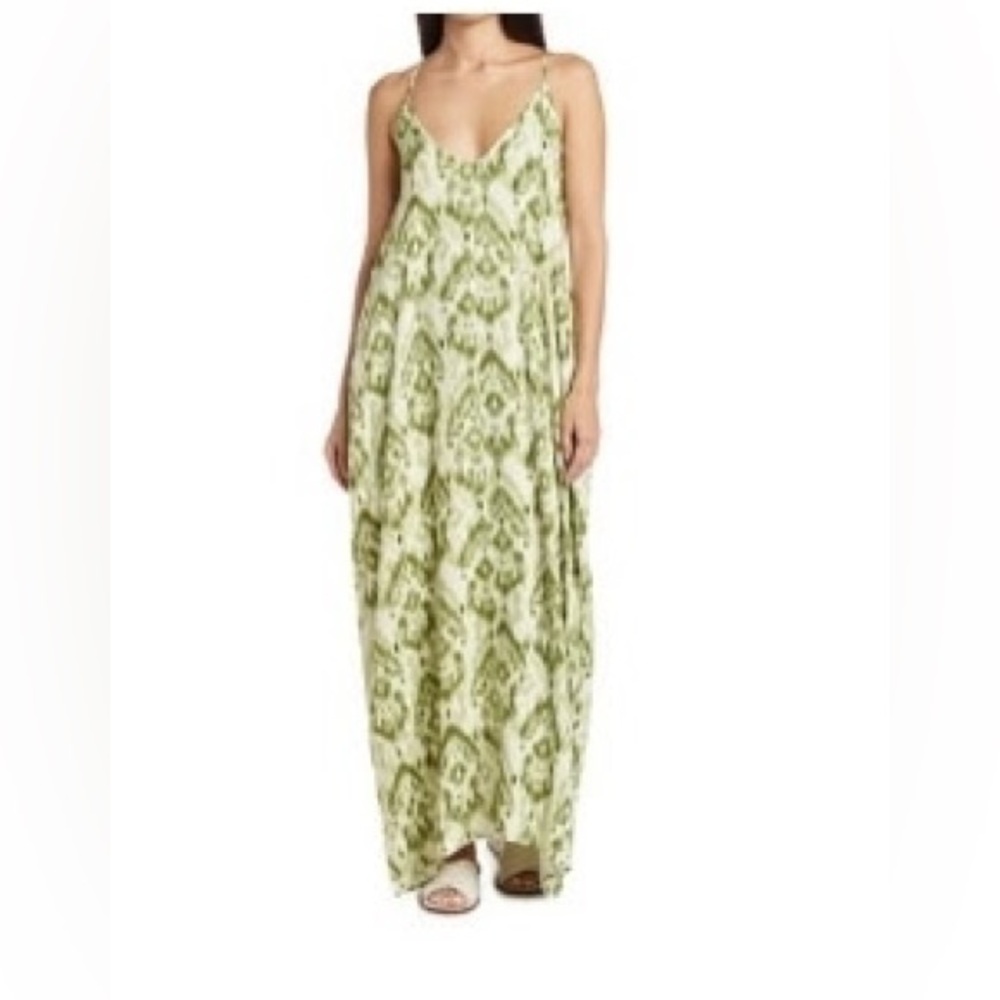 Lovestitch Printed Gauze Maxi Dress, Cream/Olive, S/M